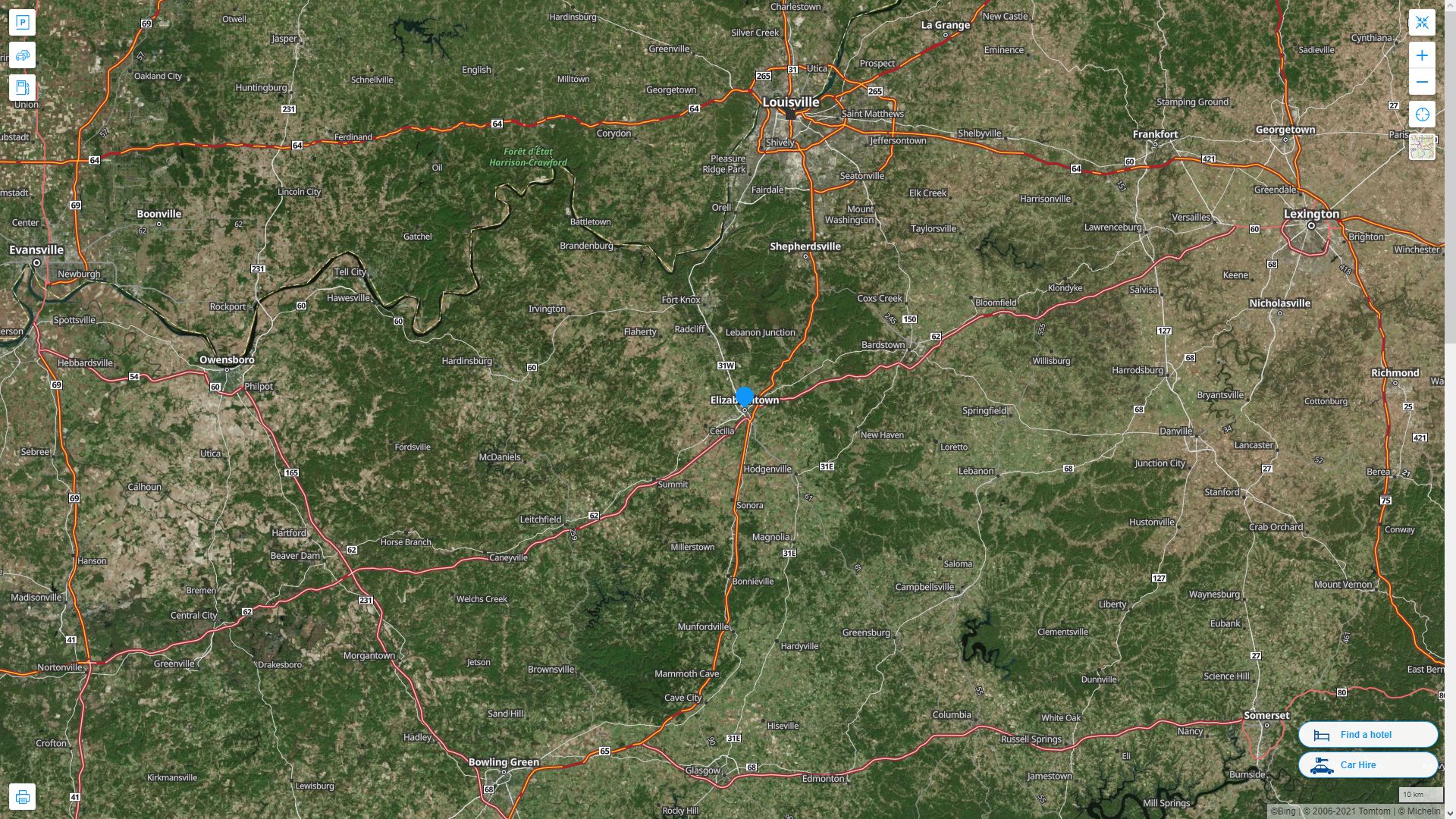 Elizabethtown Kentucky Highway and Road Map with Satellite View
